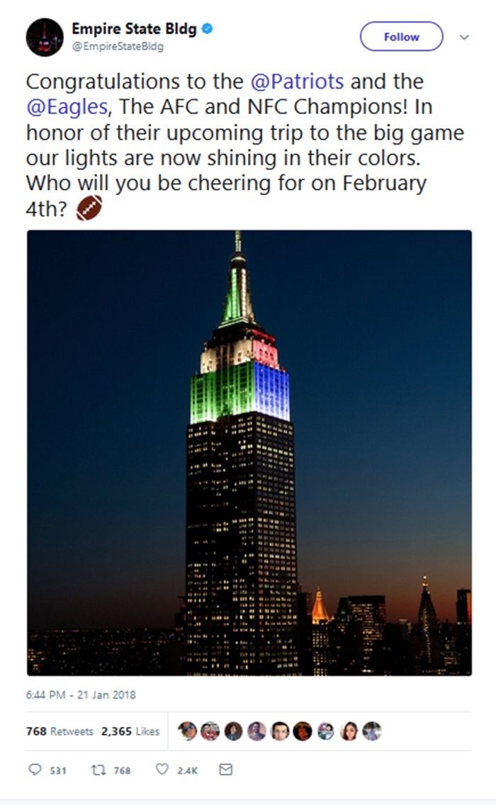 Empire State Building Receives Backlash for Eagles vs Patriots Colors