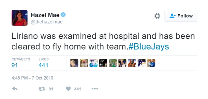 Toronto Blue Jays Pitcher Francisco Liriano Hospitalized