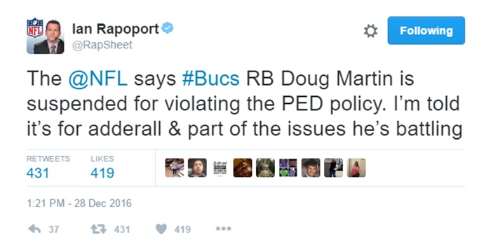 Tampa Bay Bucs Doug Martin Suspended; Tests Positive for Drugs