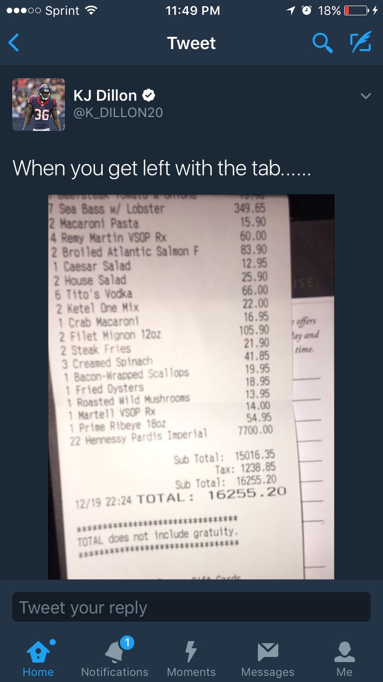 Texans Rookie KJ Dillon Stuck with $16,255 Dinner Tab