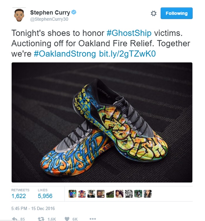 Stephen Curry Honors Oakland Fire Victims; Auctions Custom Sneakers 
