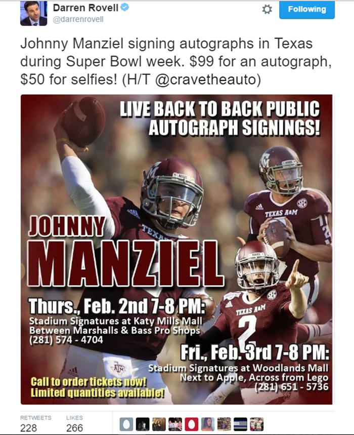 Johnny Manziel Selling Autographs + Selfie
