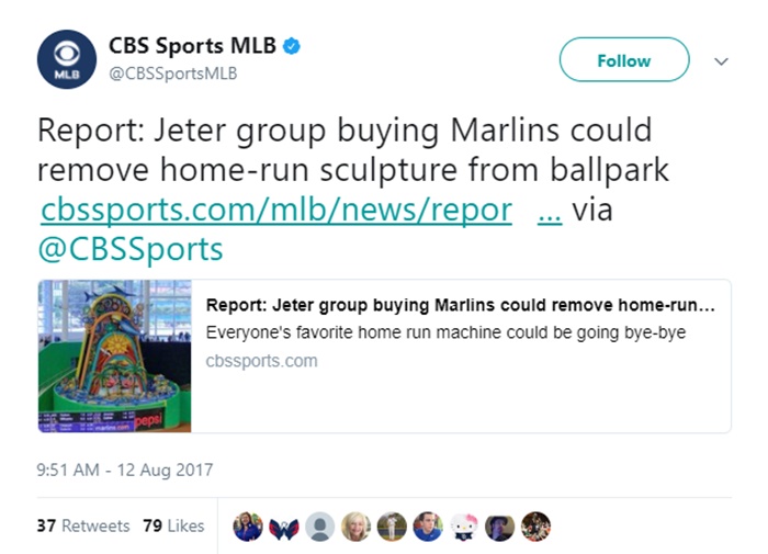 Derek Jeter Group Buys Marlins; Home Run Sculpture Gotta Go