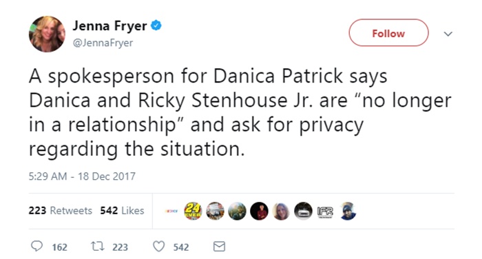 Danica Patrick Confirms Ricky Stenhouse Breakup
