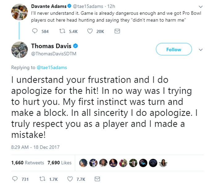 Davante Adams BLINDSIDED by Thomas Davis; Apology NOT Enough