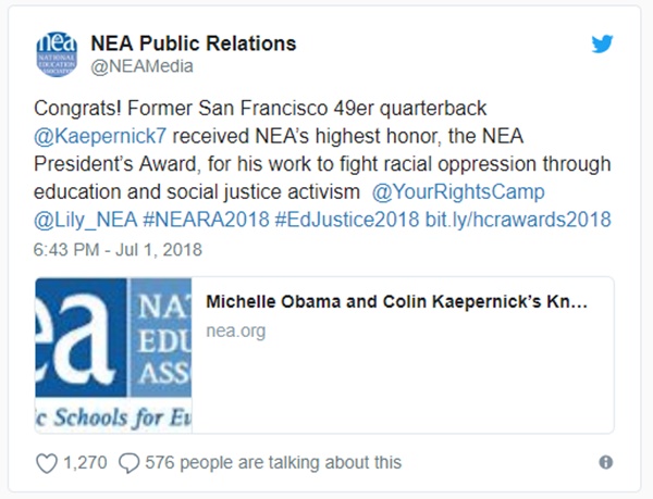 Colin Kaepernick Receives Civil Rights Award from NEA