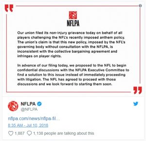 NFLPA Files Grievance Over NFL’s Anthem Policy