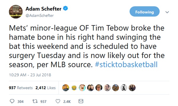 Tim Tebow Put on Disabled List