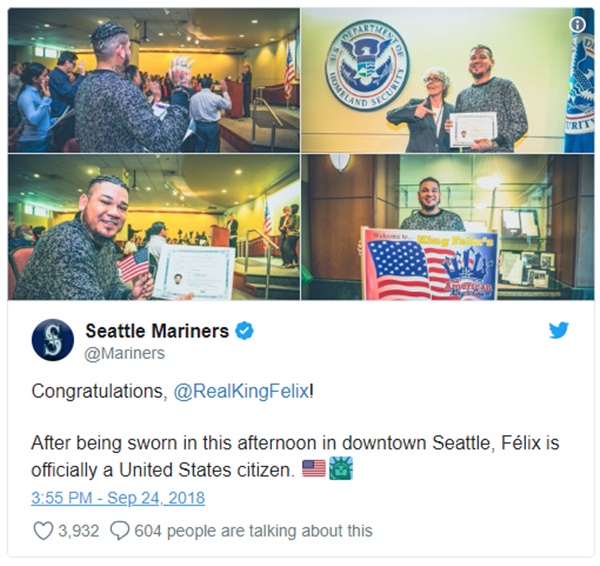 Mariners Pitcher Félix Hernández Becomes a U.S. Citizen