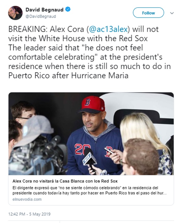 Why Red Sox Manager Alex Cora Won't Visit The White House