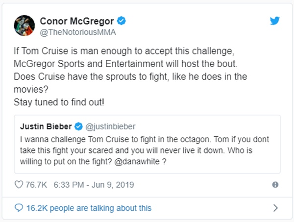 Conor McGregor Offers to Host Justin Bieber + Tom Cruise Fight