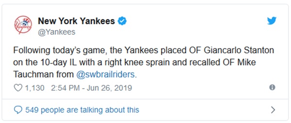 Yankees Giancarlo Stanton Out Until August