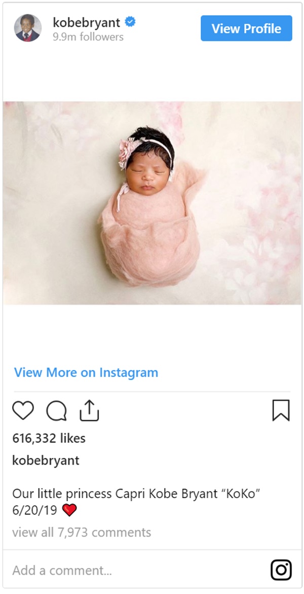 Kobe Bryant Shares First Look at New Baby Girl