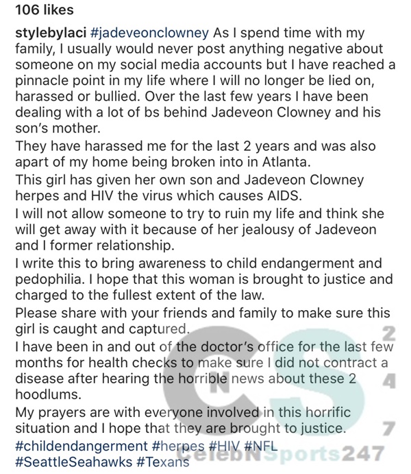 Seahawks DE Jadeveon Clowney Baby Mom Accused of Stalking + STD’s By IG Model