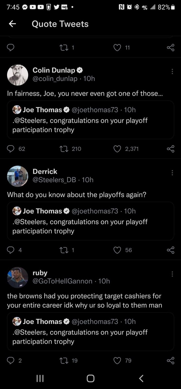 Former Browns OT Joe Thomas Trolls Steelers Fans on Twitter